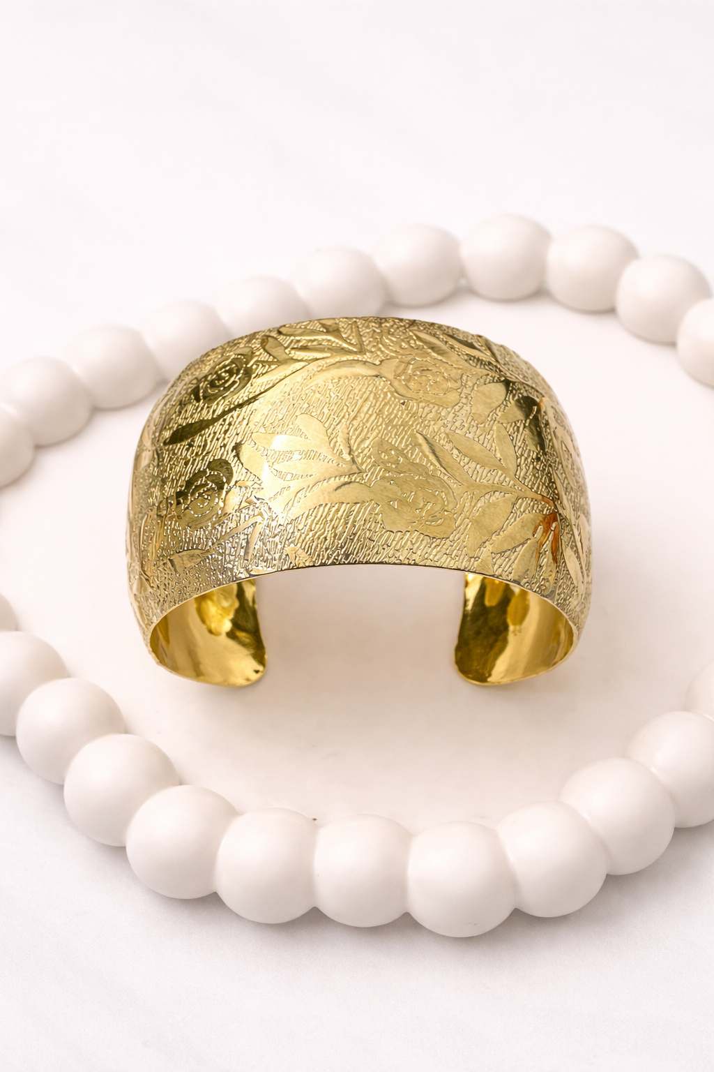 Floral Engraved Wide Cuff Bracelet – Elegant Statement Open Bangle