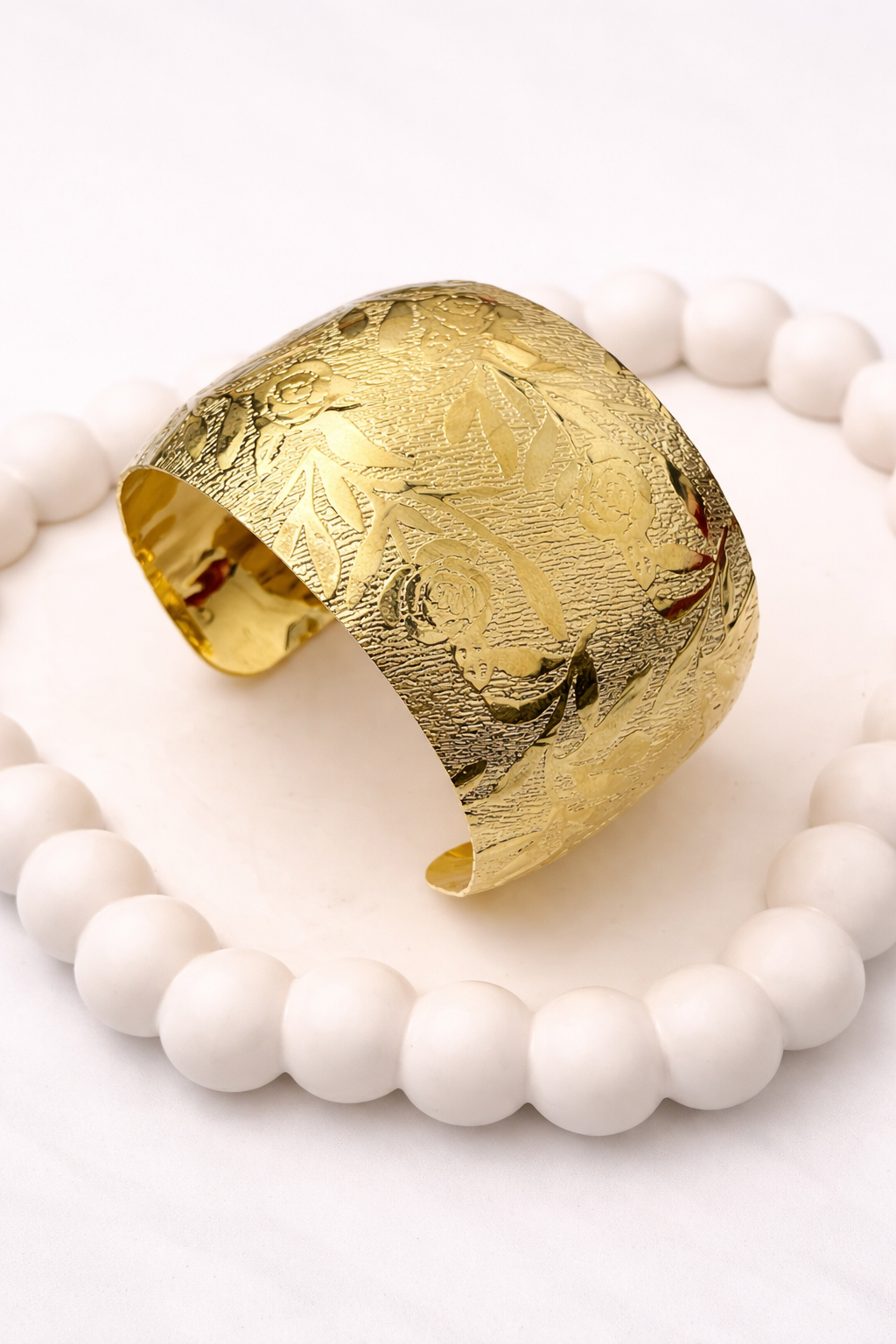 Floral Engraved Wide Cuff Bracelet – Elegant Statement Open Bangle