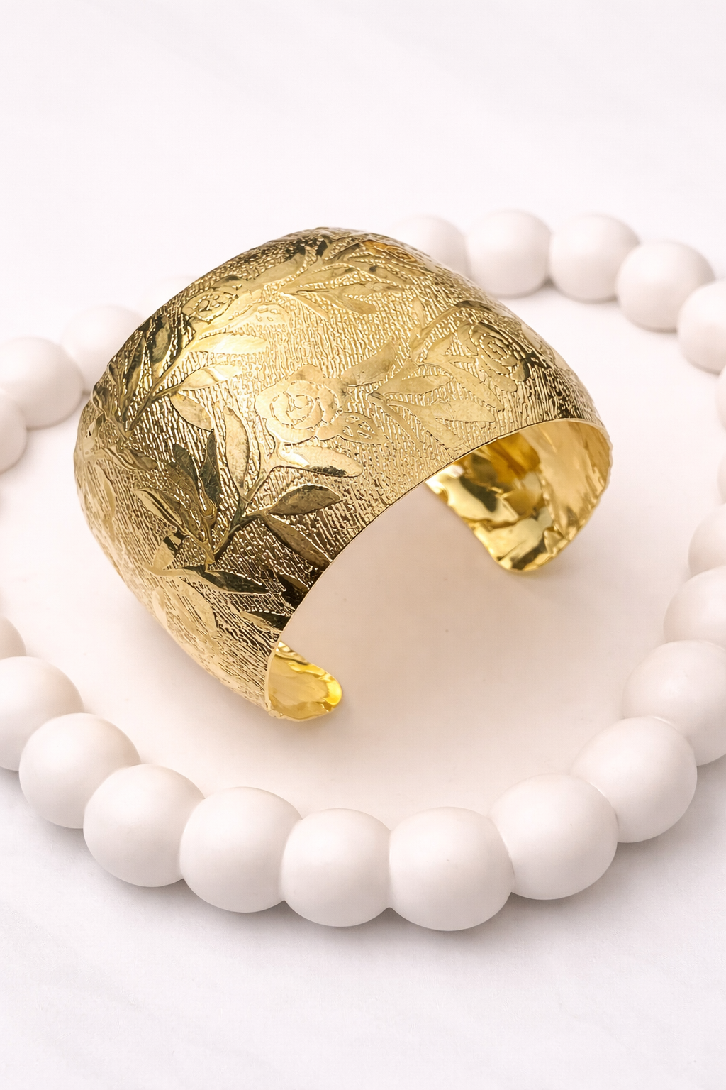 Floral Engraved Wide Cuff Bracelet – Elegant Statement Open Bangle