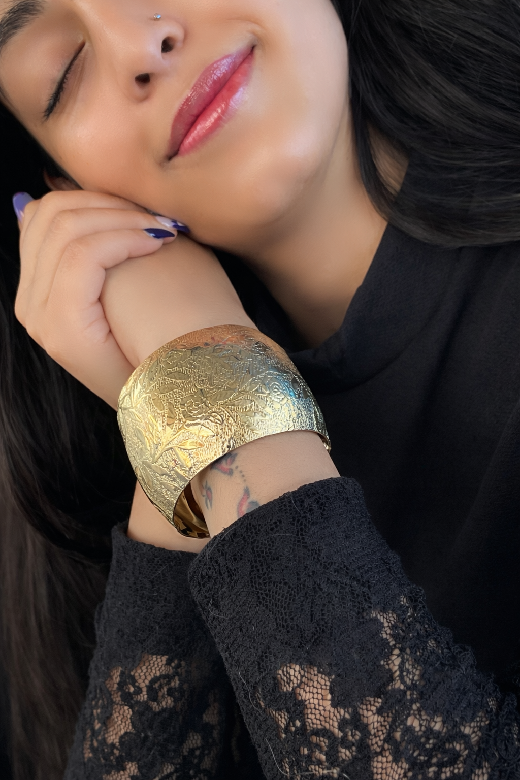 Floral Engraved Wide Cuff Bracelet – Elegant Statement Open Bangle