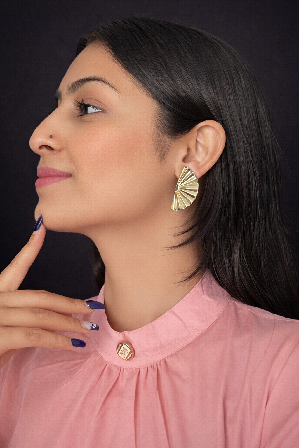Fan Shape Stud Earrings – Textured Half Moon Design