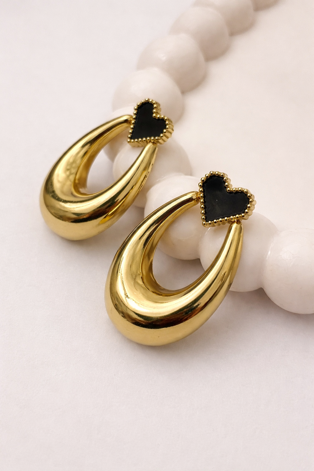 Heart Drop Earrings – Black Enamel Statement Hoops