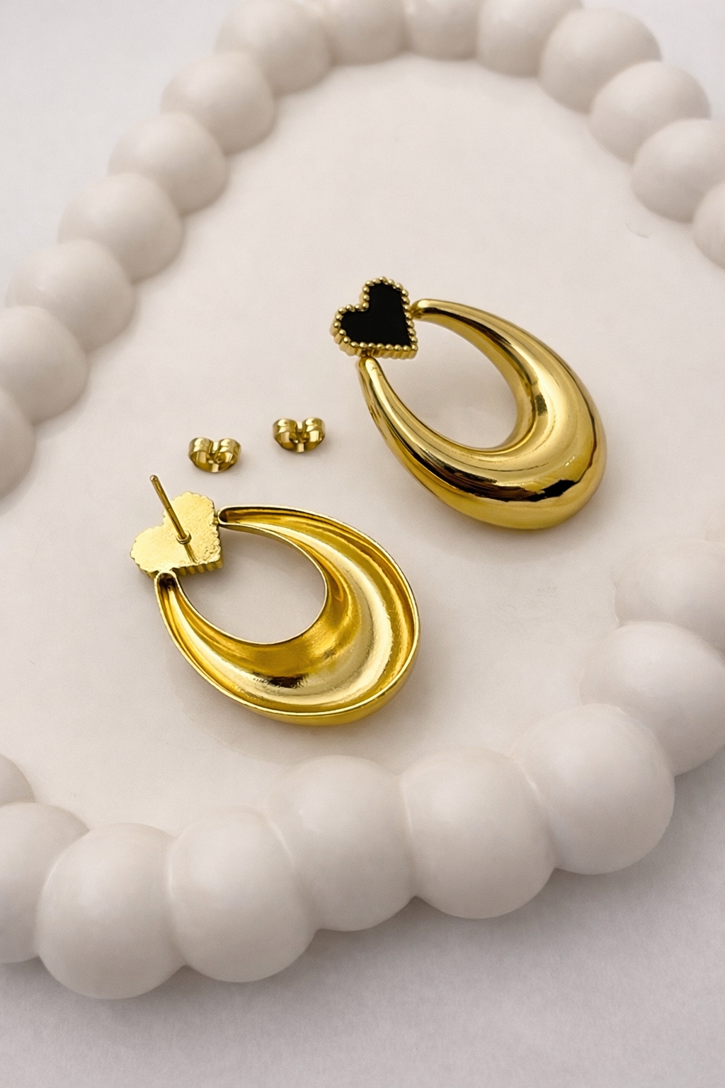 Heart Drop Earrings – Black Enamel Statement Hoops