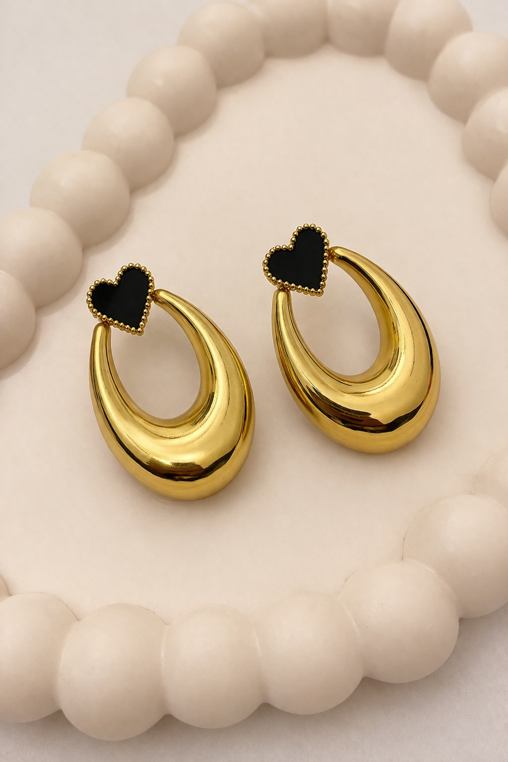 Heart Drop Earrings – Black Enamel Statement Hoops