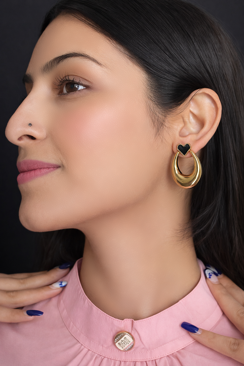 Heart Drop Earrings – Black Enamel Statement Hoops