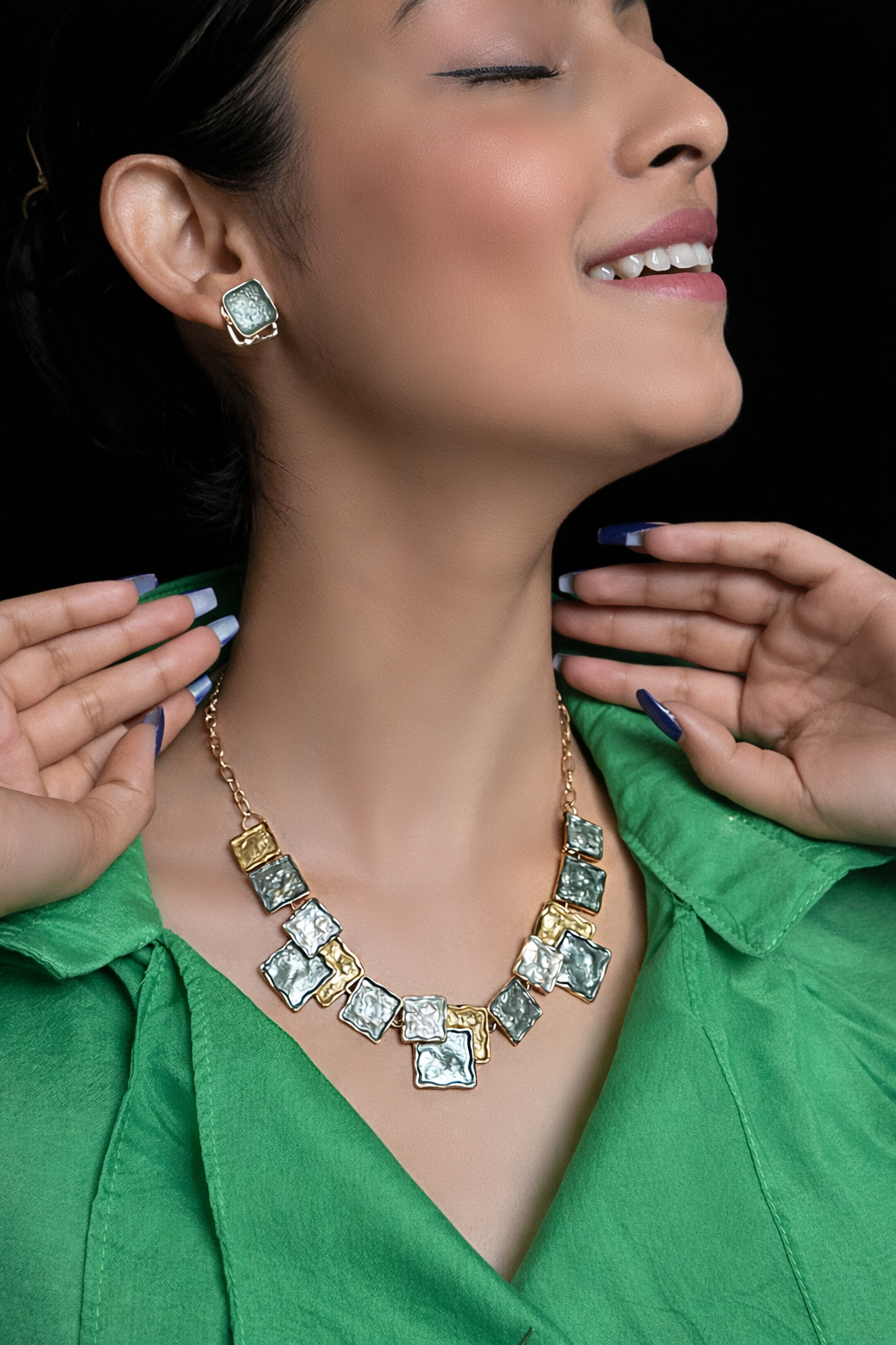 Elegant Grey & Gold Square Statement Necklace Set with Earrings