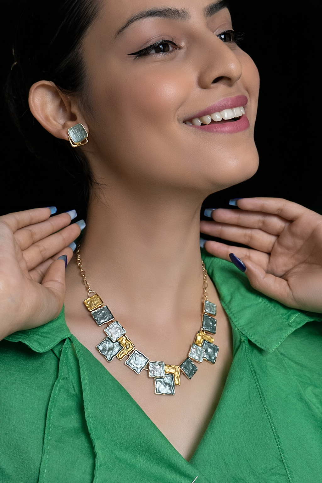 Elegant Grey & Gold Square Statement Necklace Set with Earrings
