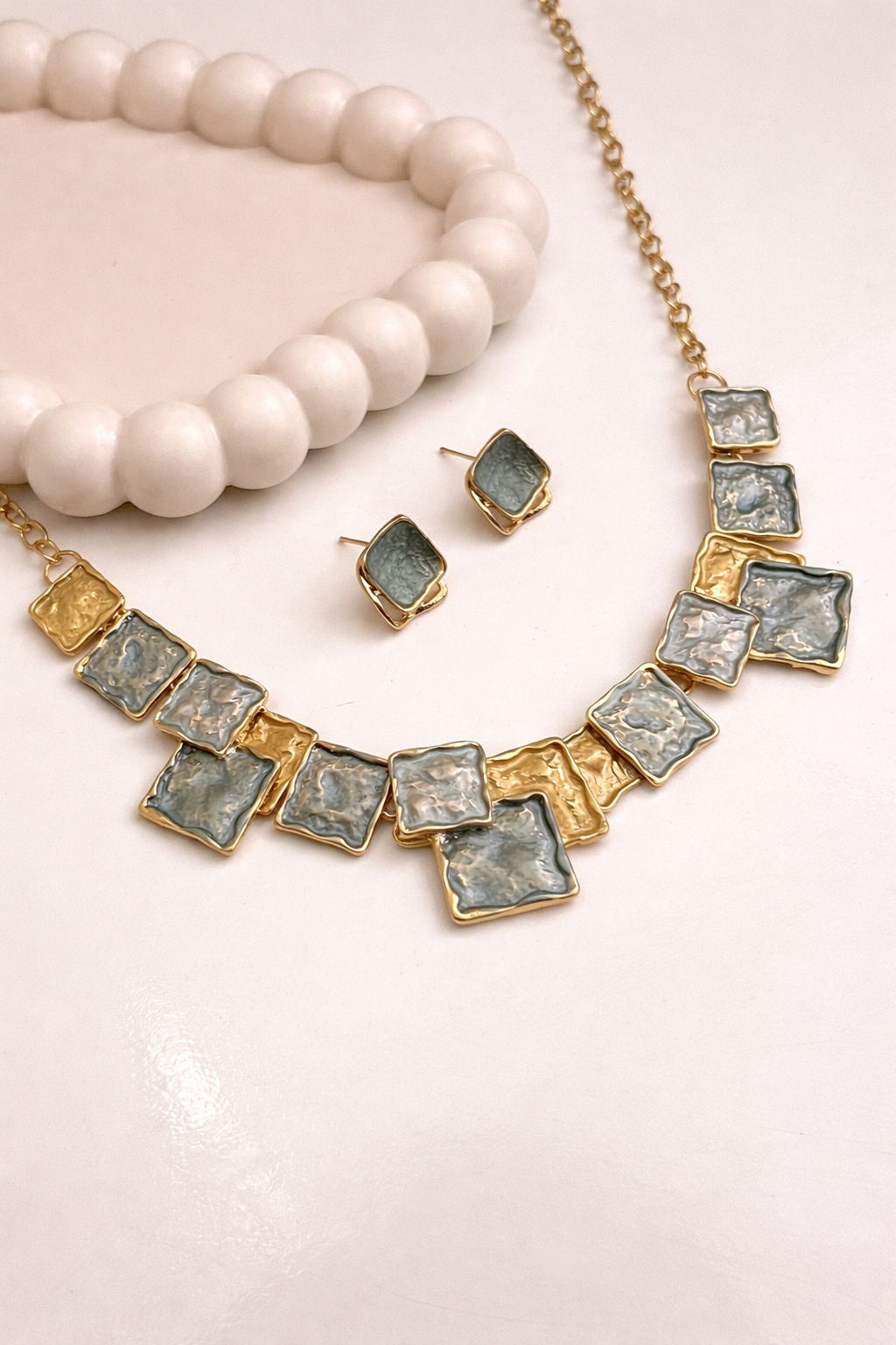 Elegant Grey & Gold Square Statement Necklace Set with Earrings