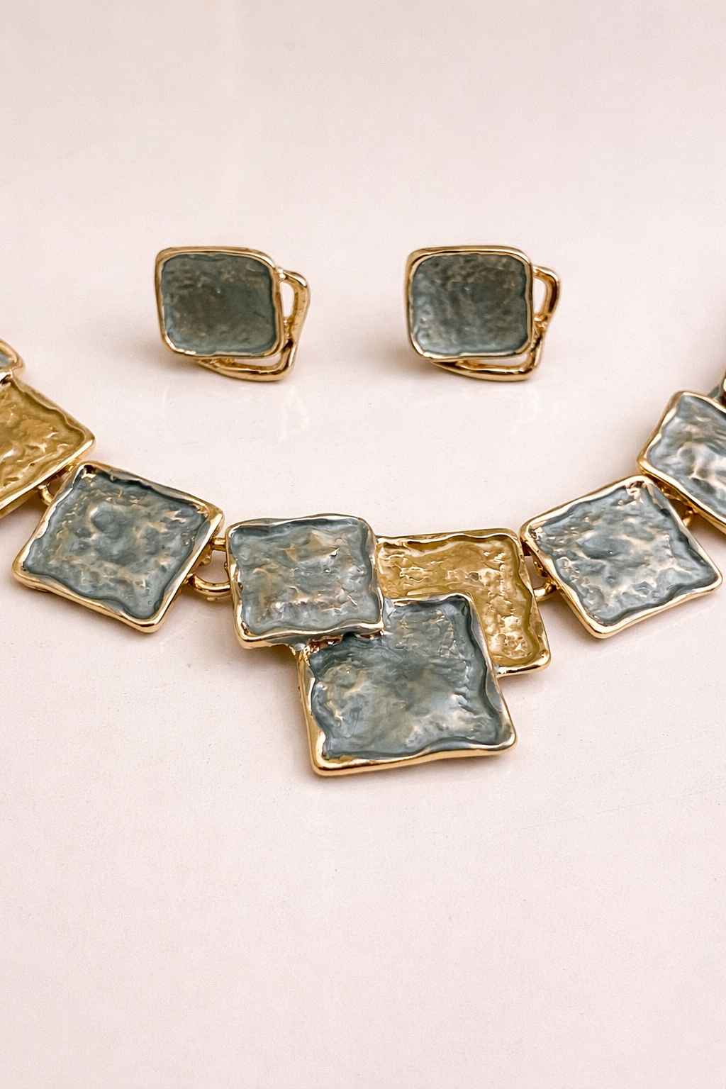 Elegant Grey & Gold Square Statement Necklace Set with Earrings