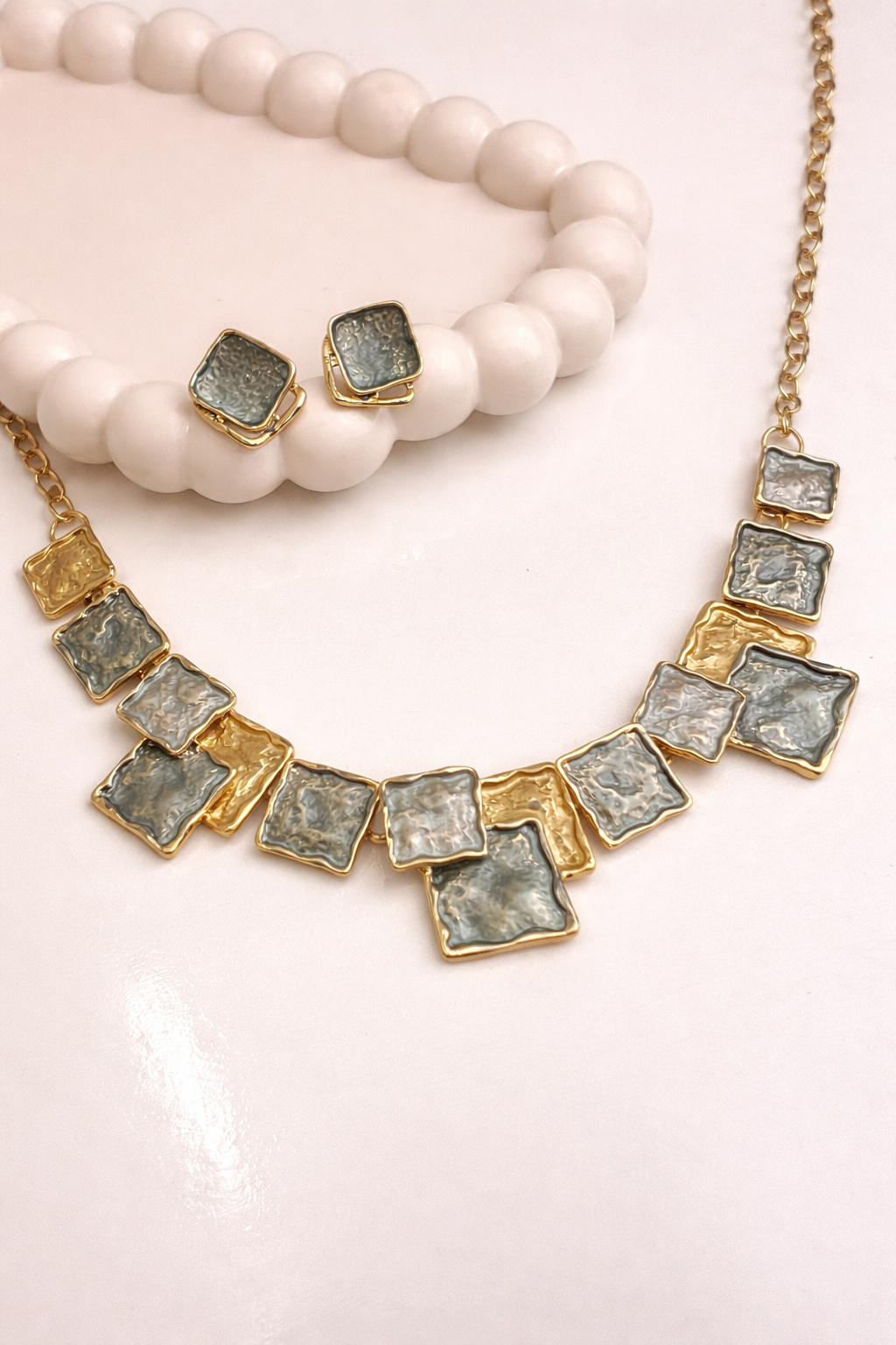 Elegant Grey & Gold Square Statement Necklace Set with Earrings