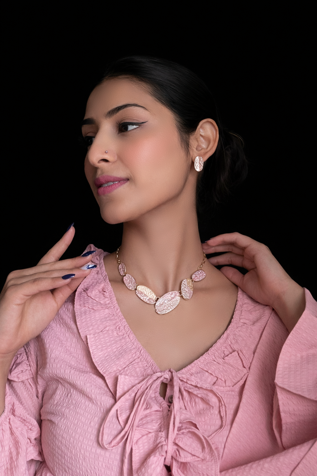 Pastel Textured Oval Necklace Set – Gold Plated Statement Jewelry