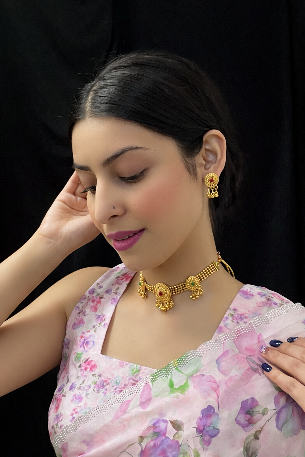 Traditional Gold Plated Choker Necklace Set – Temple Style with Bead Drops