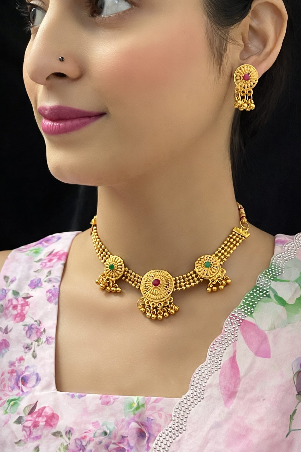 Traditional Gold Plated Choker Necklace Set – Temple Style with Bead Drops