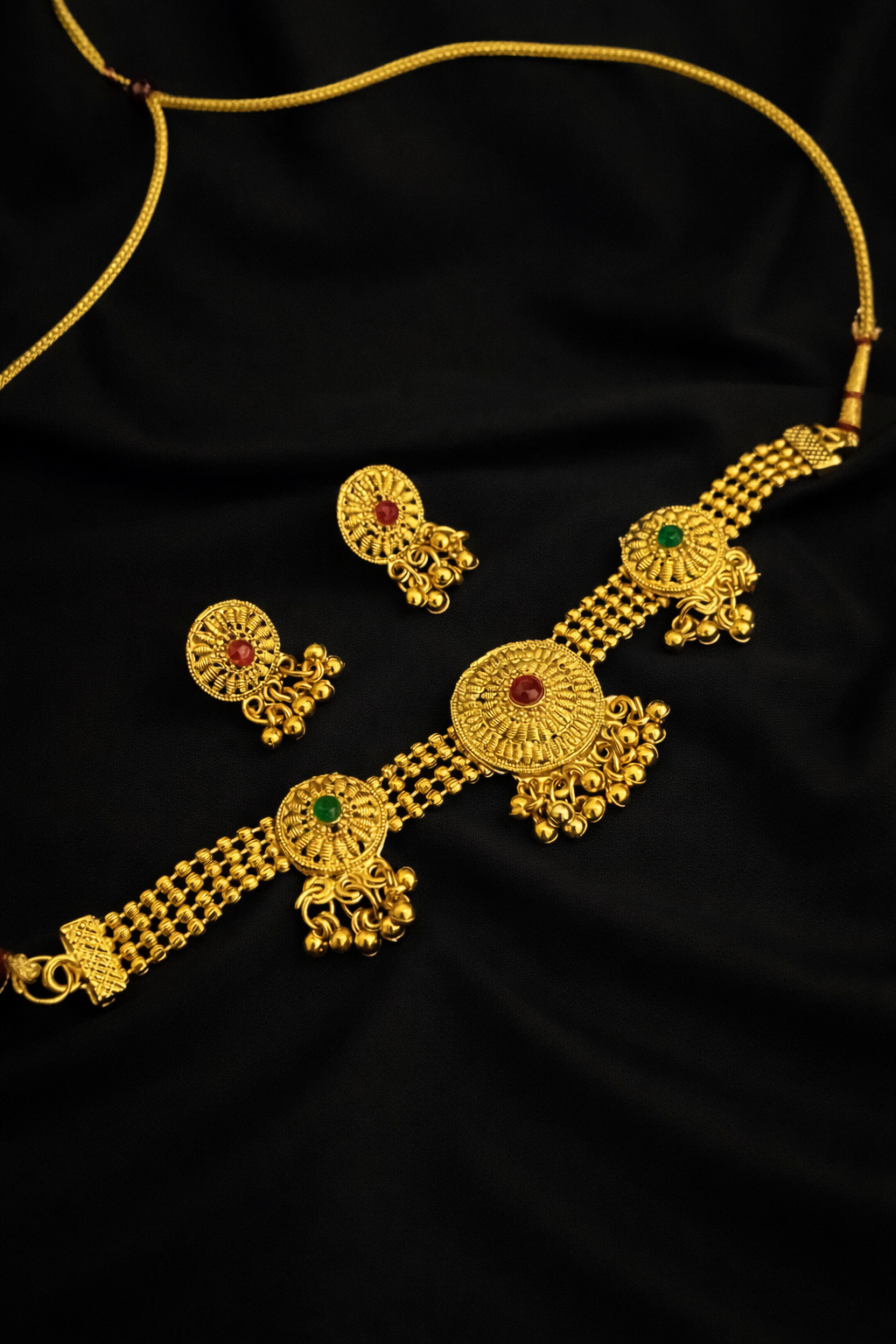 Traditional Gold Plated Choker Necklace Set – Temple Style with Bead Drops