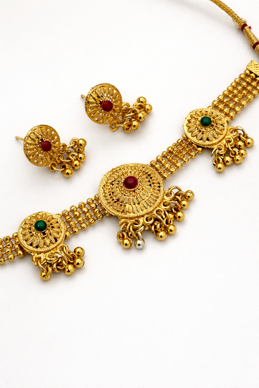Traditional Gold Plated Choker Necklace Set – Temple Style with Bead Drops