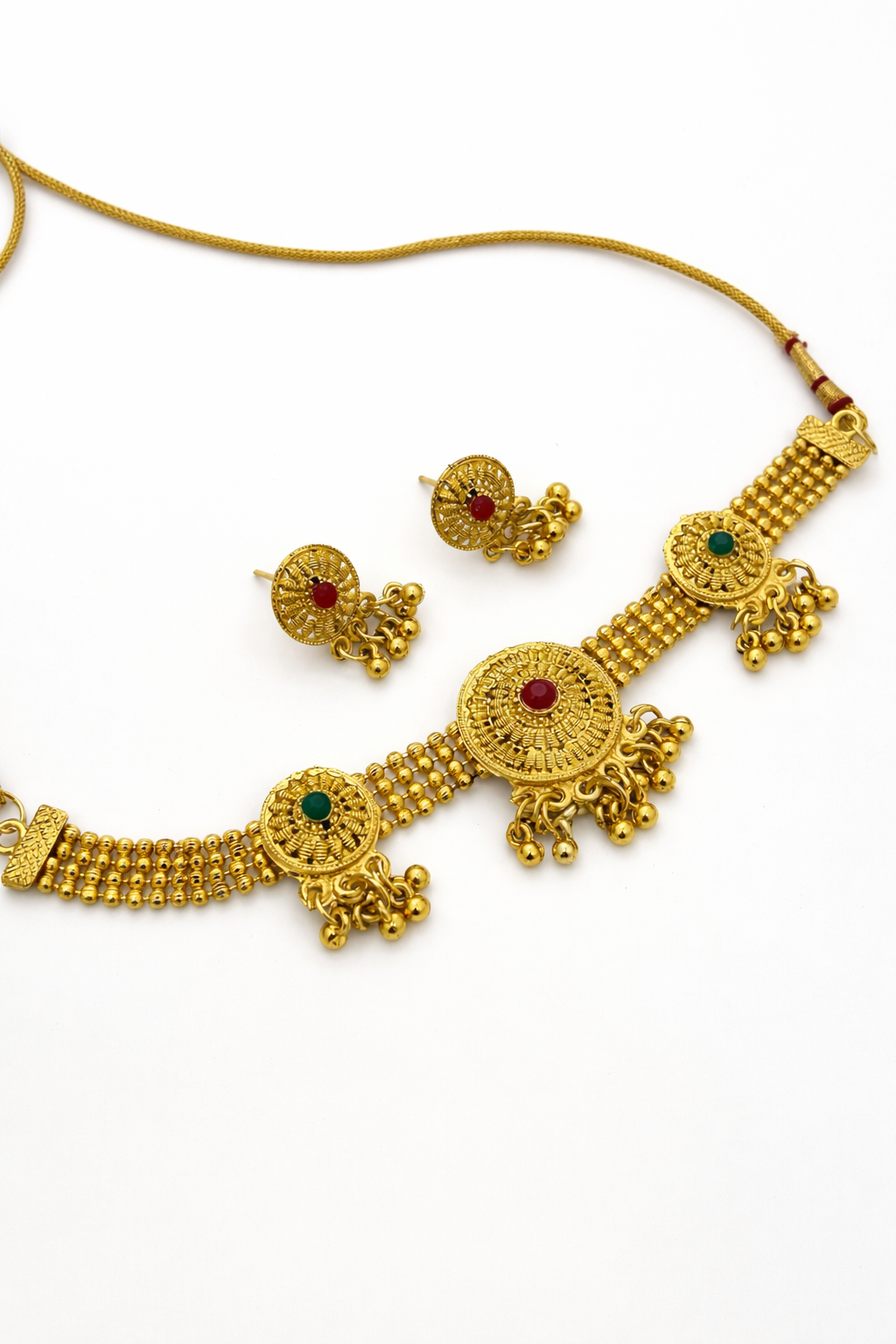 Traditional Gold Plated Choker Necklace Set – Temple Style with Bead Drops