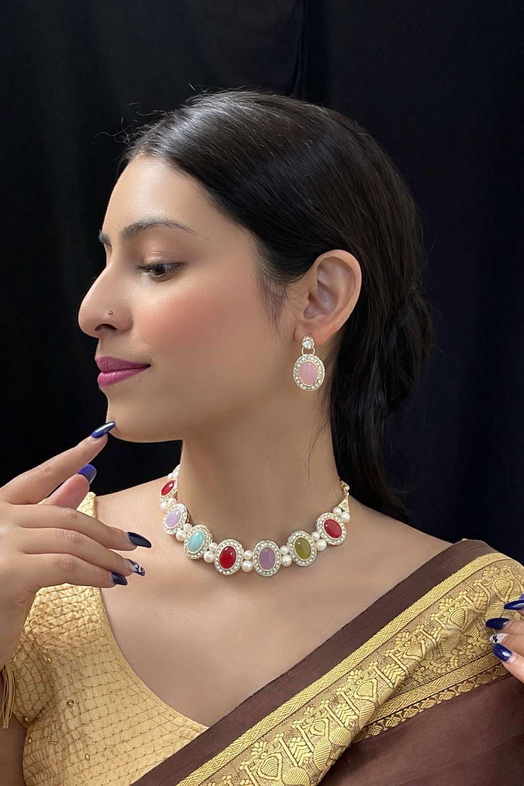 Multicolor Stone Choker Necklace Set – Pearl & Crystal Ethnic Design