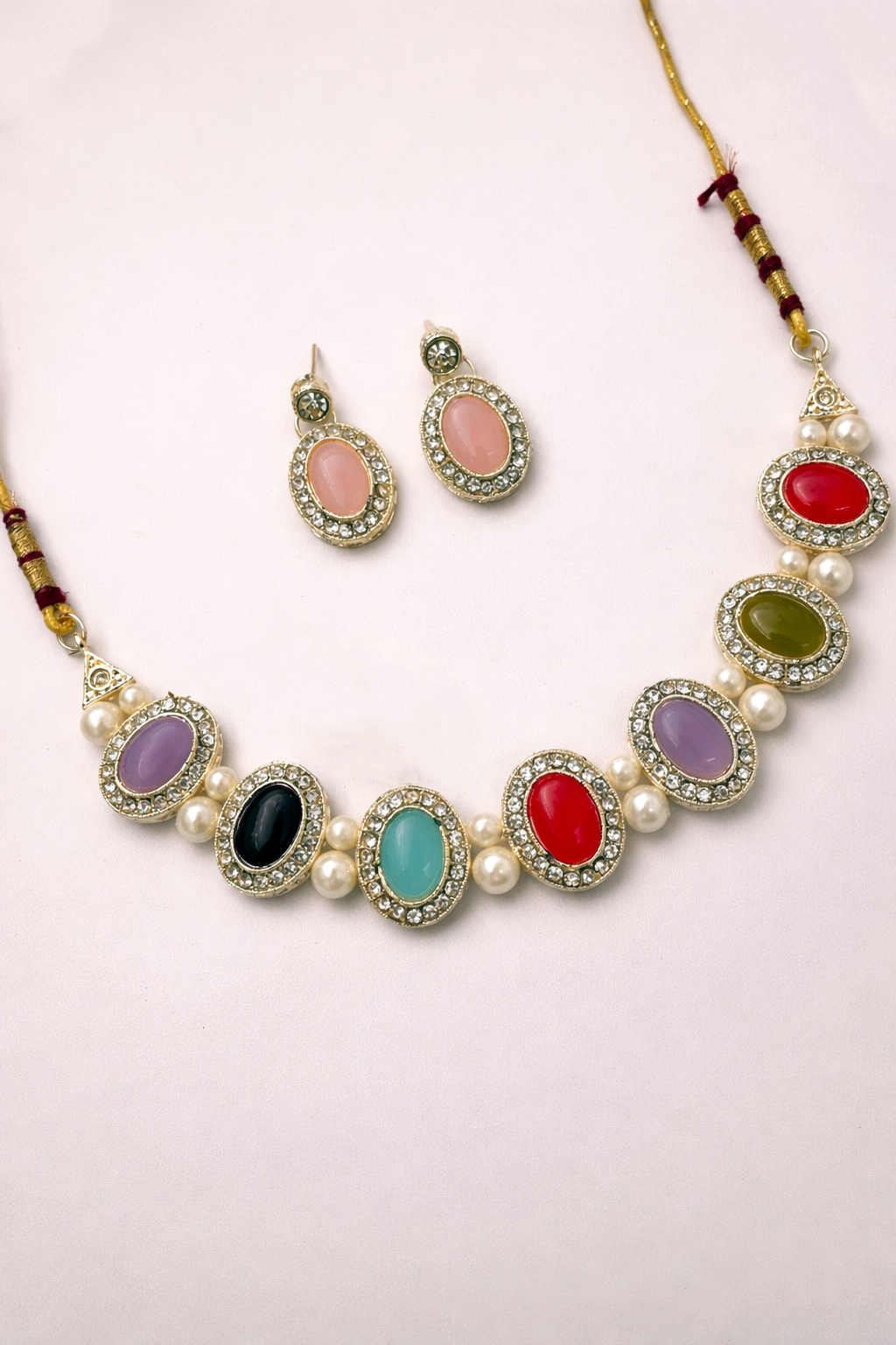 Multicolor Stone Choker Necklace Set – Pearl & Crystal Ethnic Design