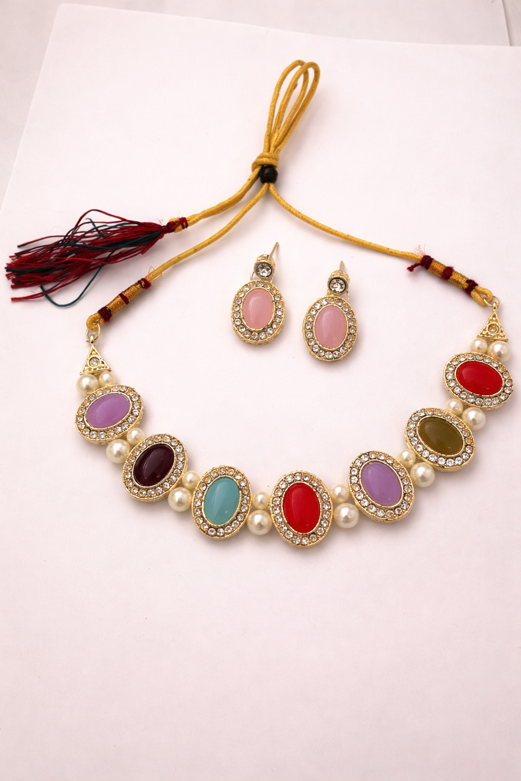 Multicolor Stone Choker Necklace Set – Pearl & Crystal Ethnic Design