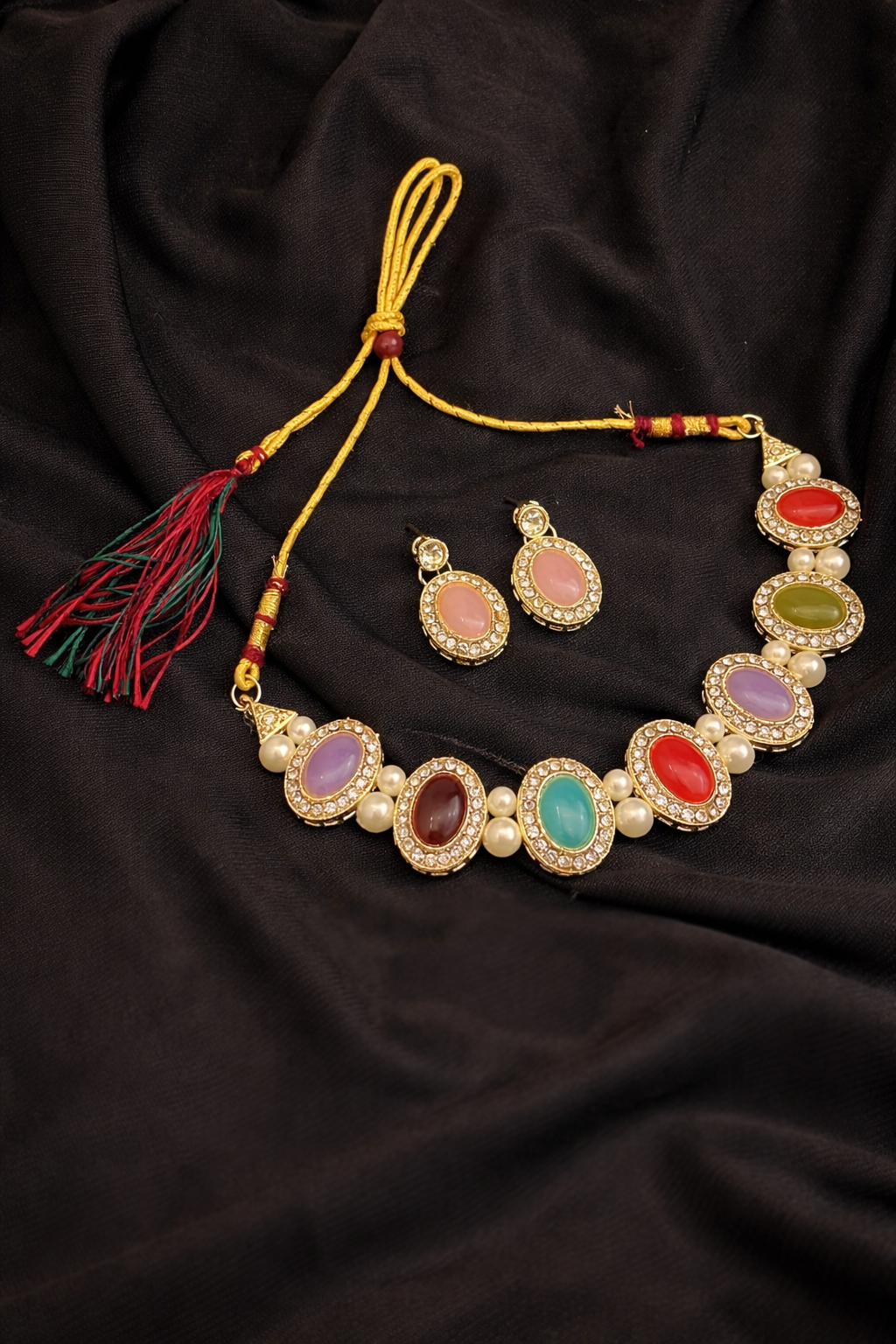 Multicolor Stone Choker Necklace Set – Pearl & Crystal Ethnic Design