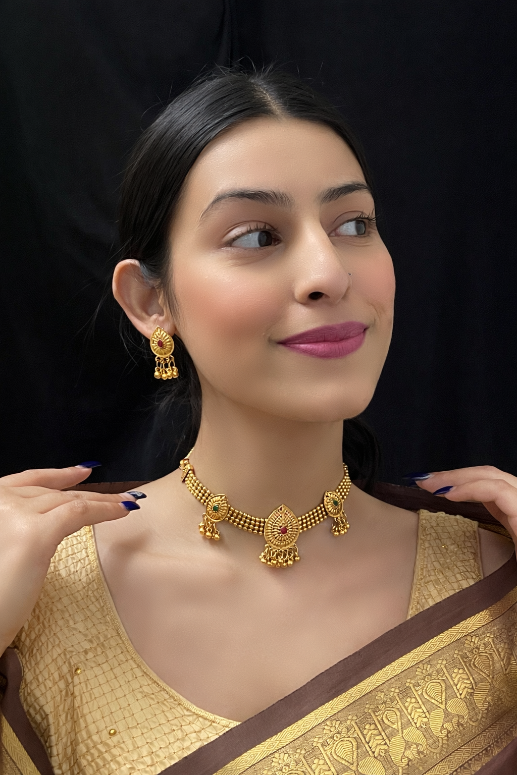 Temple Style Gold Plated Choker Set – Red & Green Stone Traditional Jewelry