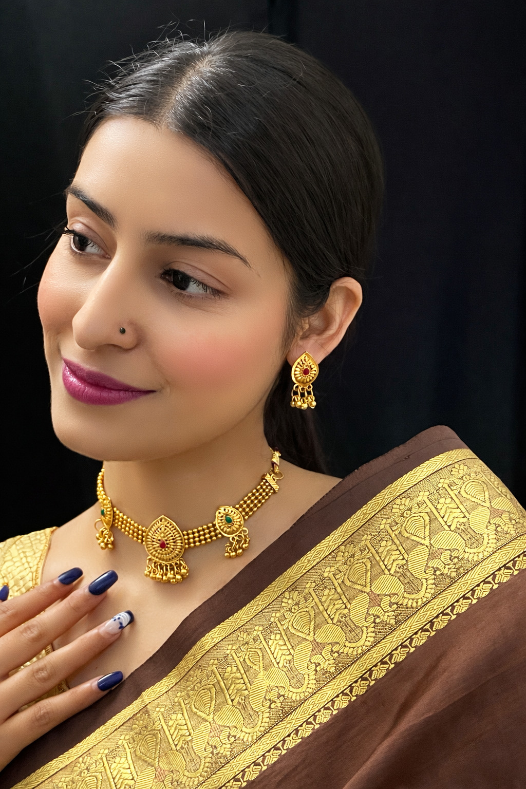 Temple Style Gold Plated Choker Set – Red & Green Stone Traditional Jewelry