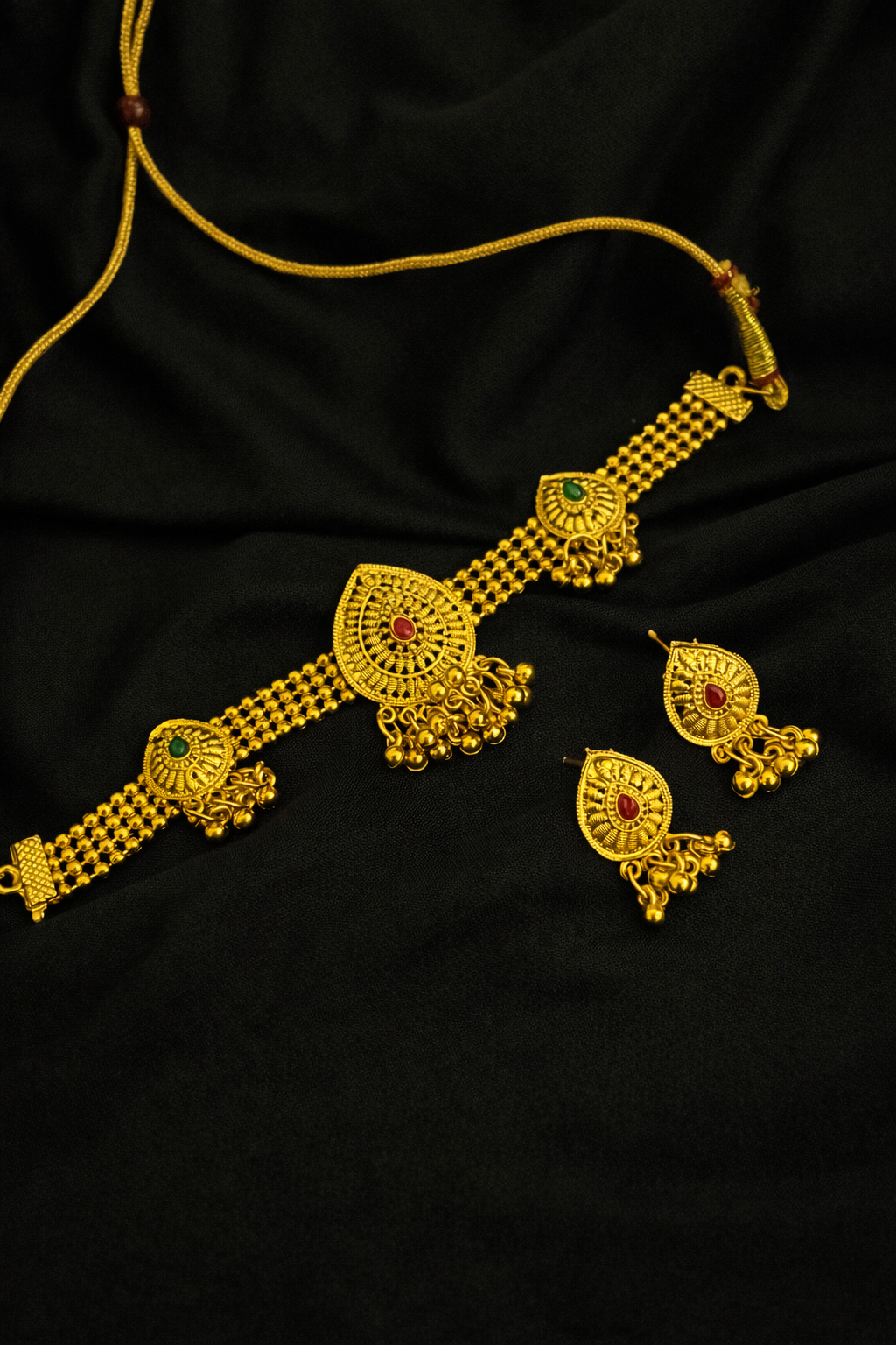 Temple Style Gold Plated Choker Set – Red & Green Stone Traditional Jewelry