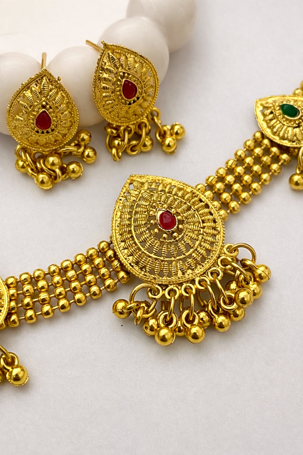 Temple Style Gold Plated Choker Set – Red & Green Stone Traditional Jewelry