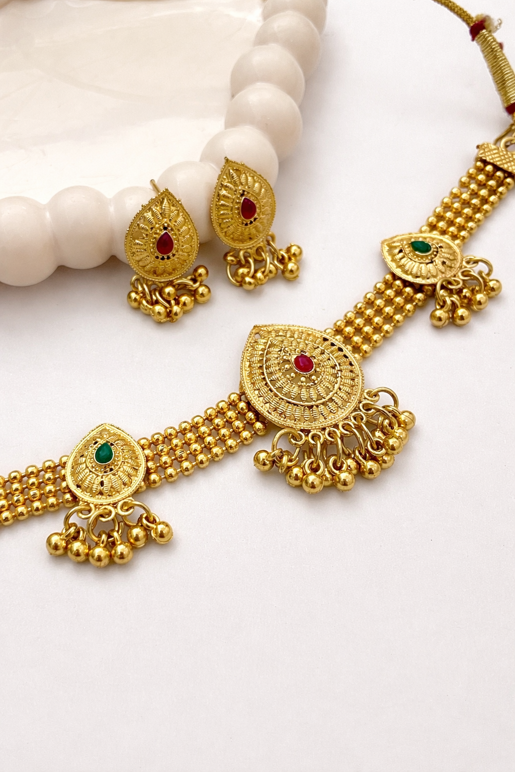 Temple Style Gold Plated Choker Set – Red & Green Stone Traditional Jewelry
