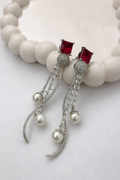 Red Crystal Pearl Drop Long Silver-Tone Dangler Earrings