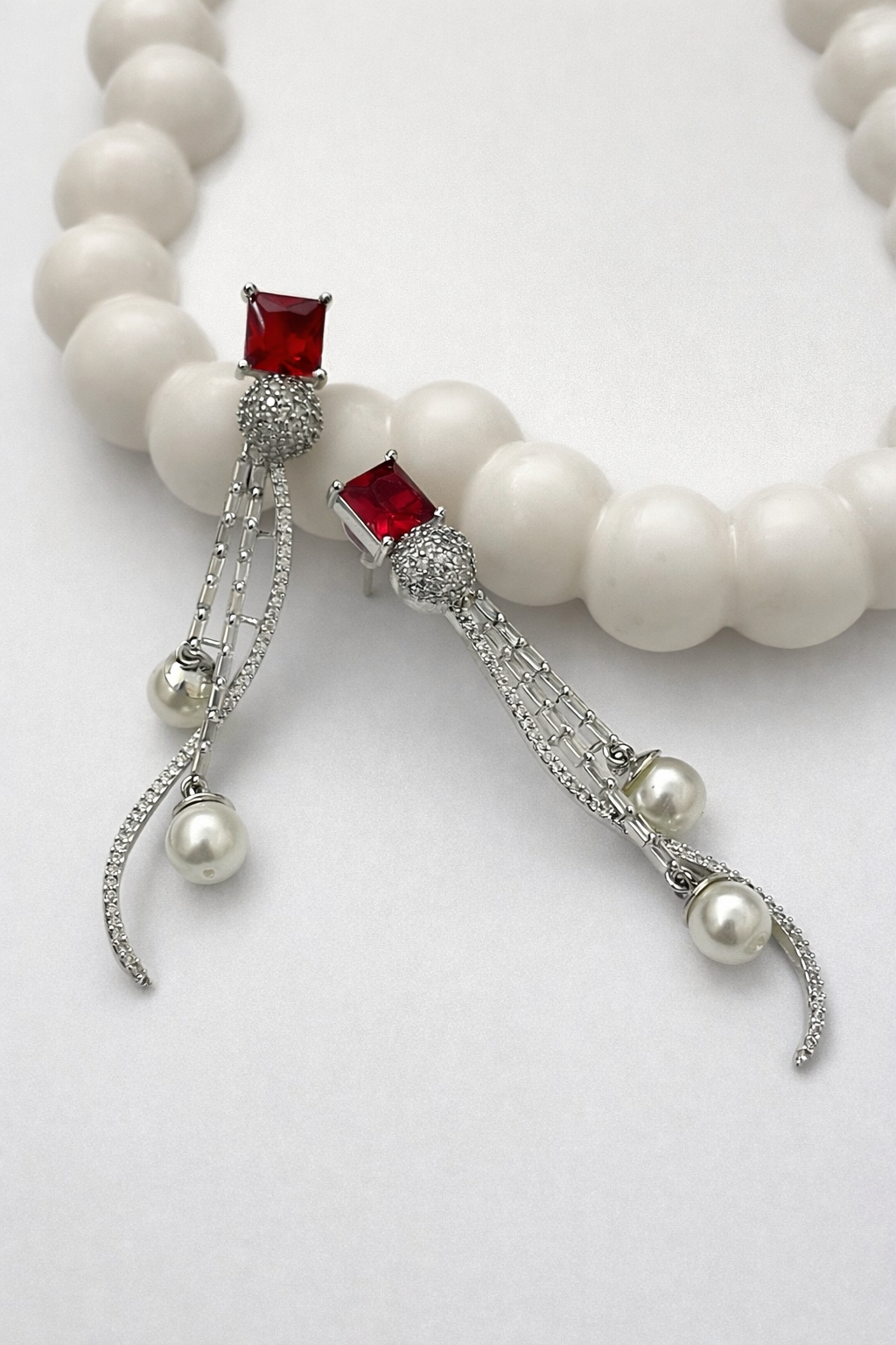Red Crystal Pearl Drop Long Silver-Tone Dangler Earrings