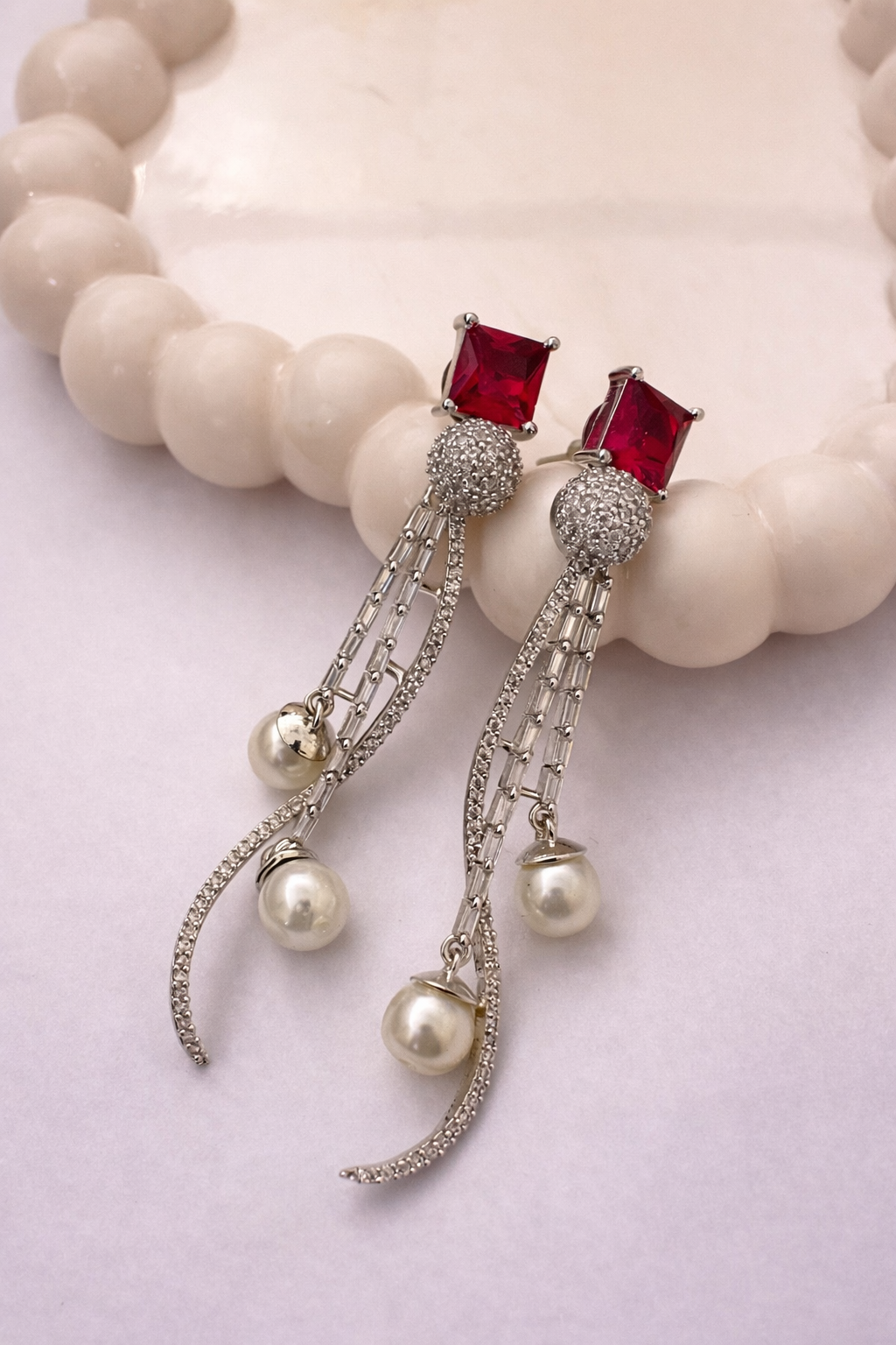 Red Crystal Pearl Drop Long Silver-Tone Dangler Earrings