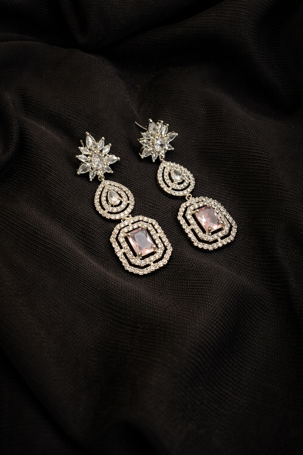 Pink Crystal Drop Silver-Tone Geometric Dangler Earrings