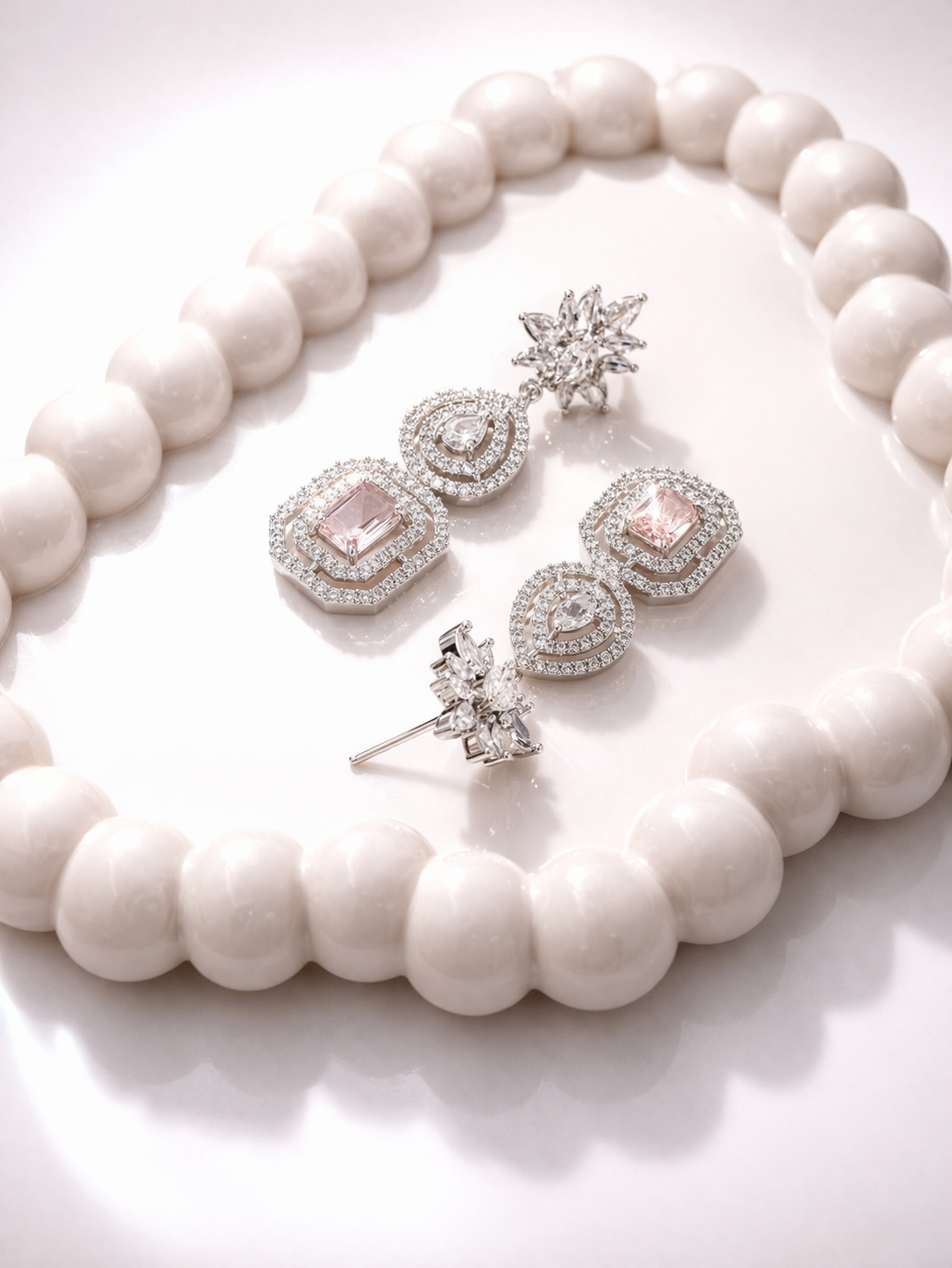 Pink Crystal Drop Silver-Tone Geometric Dangler Earrings