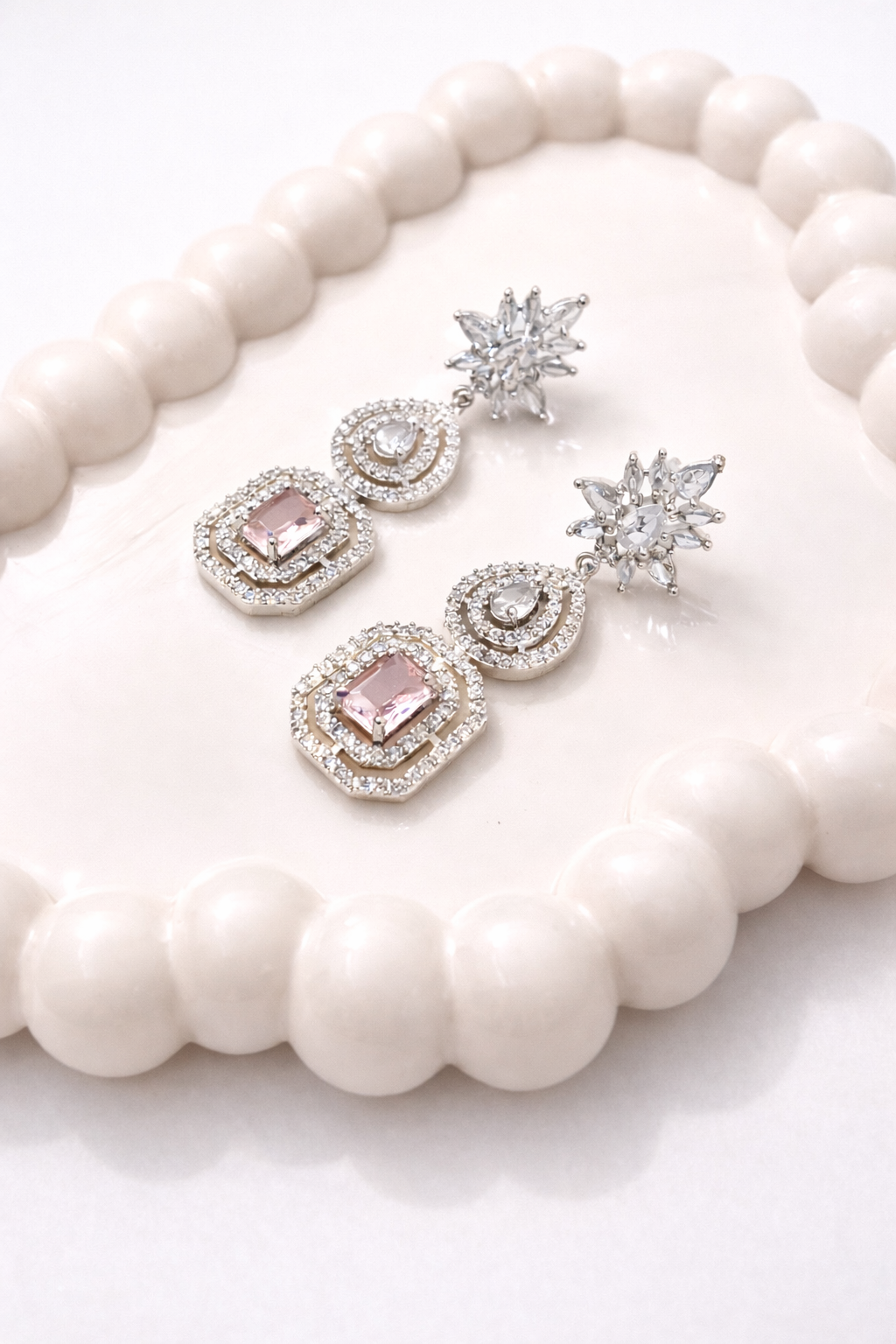 Pink Crystal Drop Silver-Tone Geometric Dangler Earrings