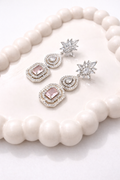 Pink Crystal Drop Silver-Tone Geometric Dangler Earrings