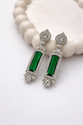 Elegant Emerald-Cut Green Stone & Diamond Drop Earrings