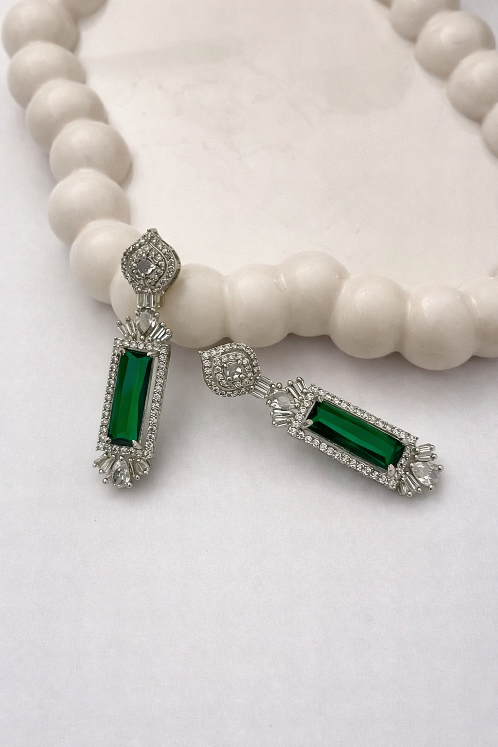Elegant Emerald-Cut Green Stone & Diamond Drop Earrings