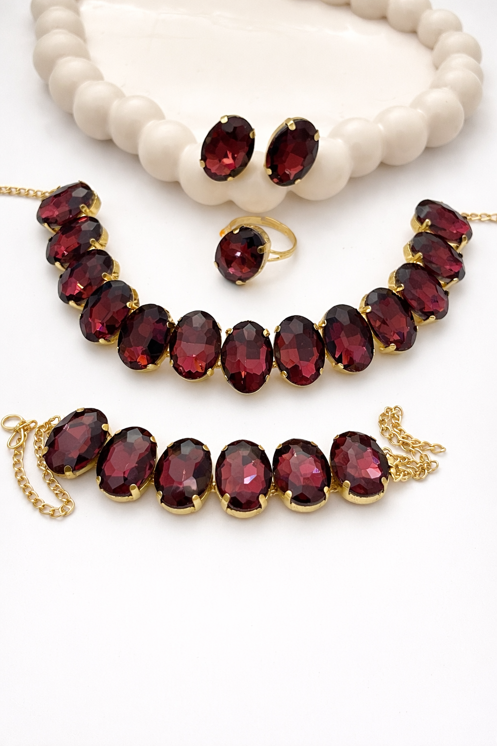Premium Gold-Plated Maroon Crystal Necklace Set with Earrings, Bracelet & Adjustable Ring