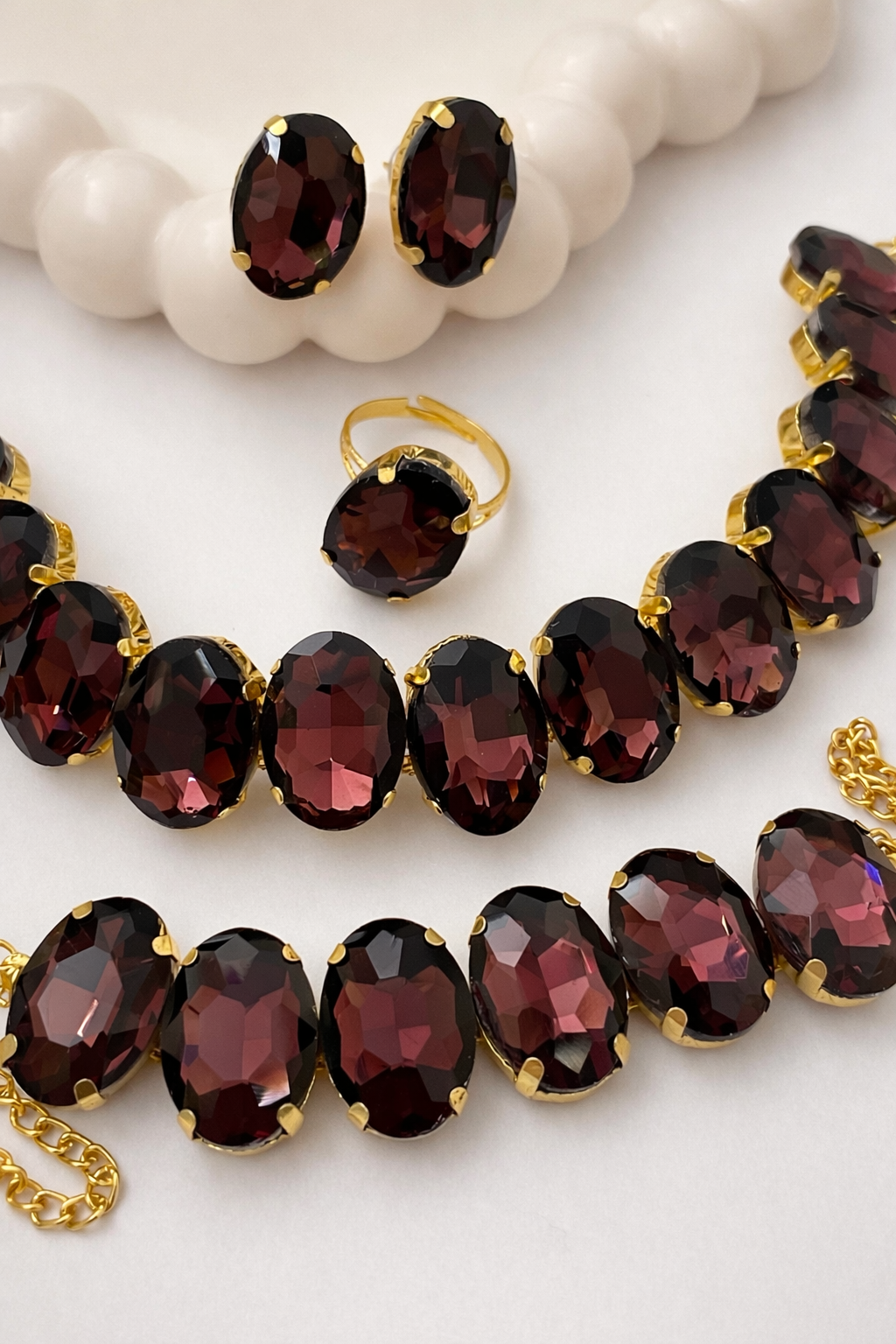 Premium Gold-Plated Maroon Crystal Necklace Set with Earrings, Bracelet & Adjustable Ring