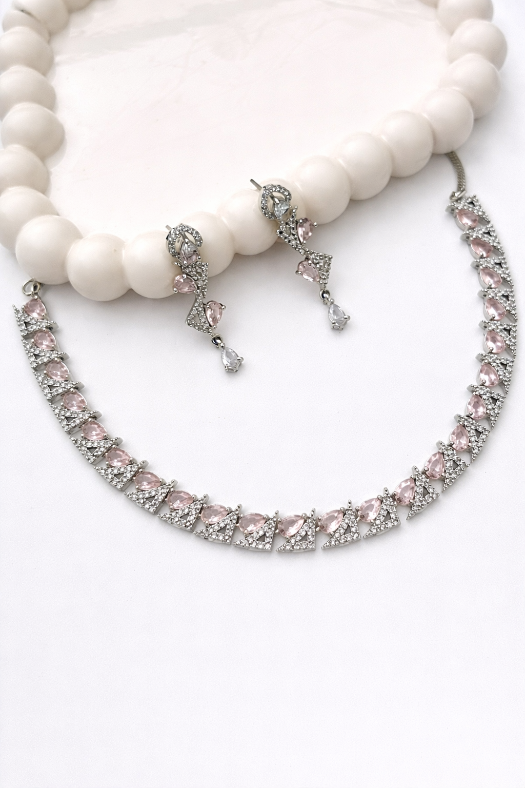 Stylish Pink Stone American Diamond Necklace Set
