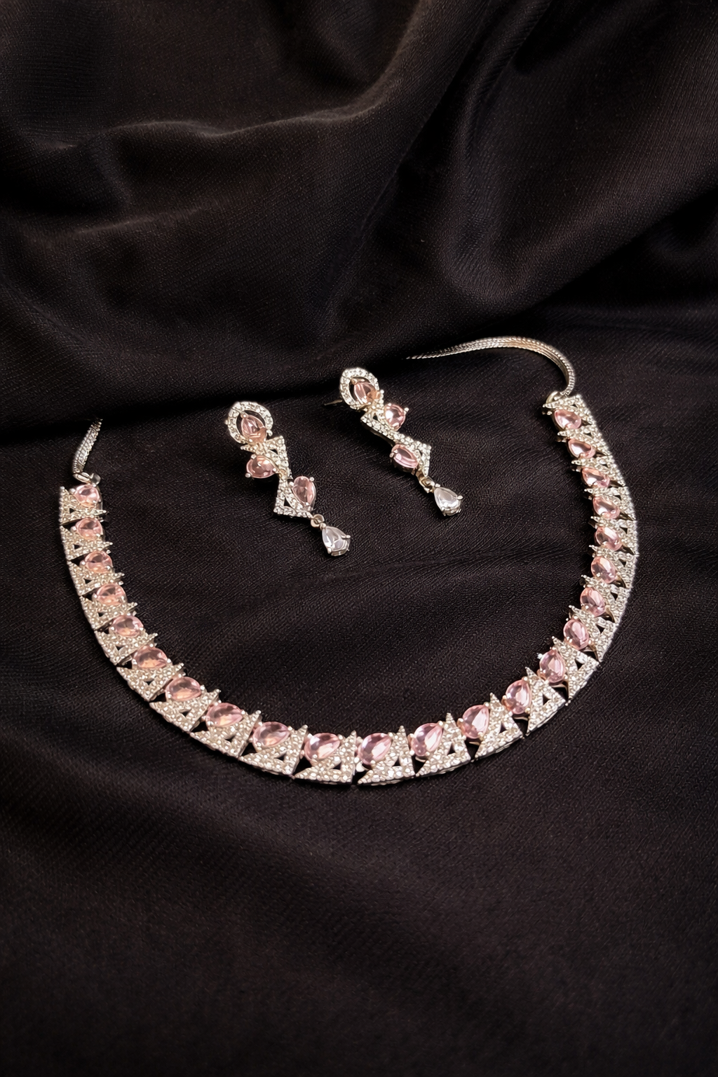 Stylish Pink Stone American Diamond Necklace Set